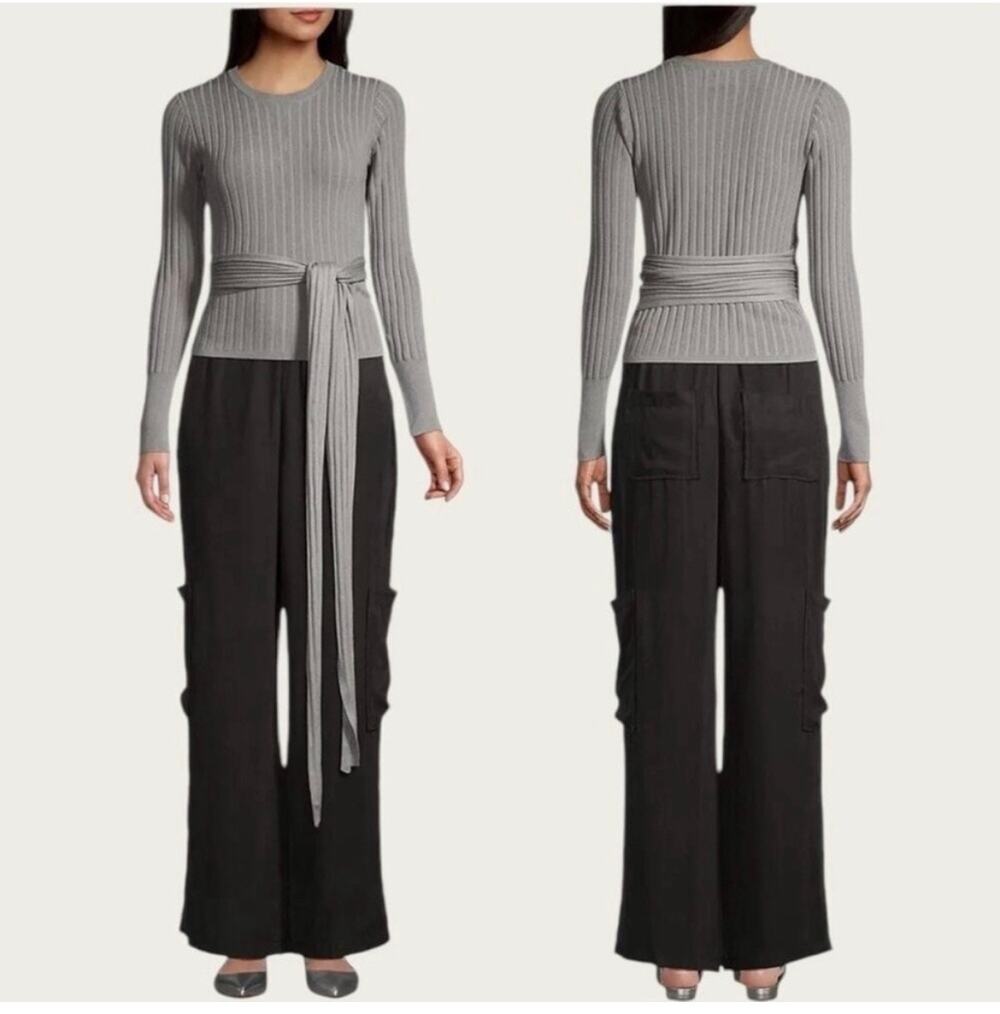 Modern Citizen Deniza Ribbed Knit Wrap Tie Top Sweater Long Sleeve Grey Sz M
